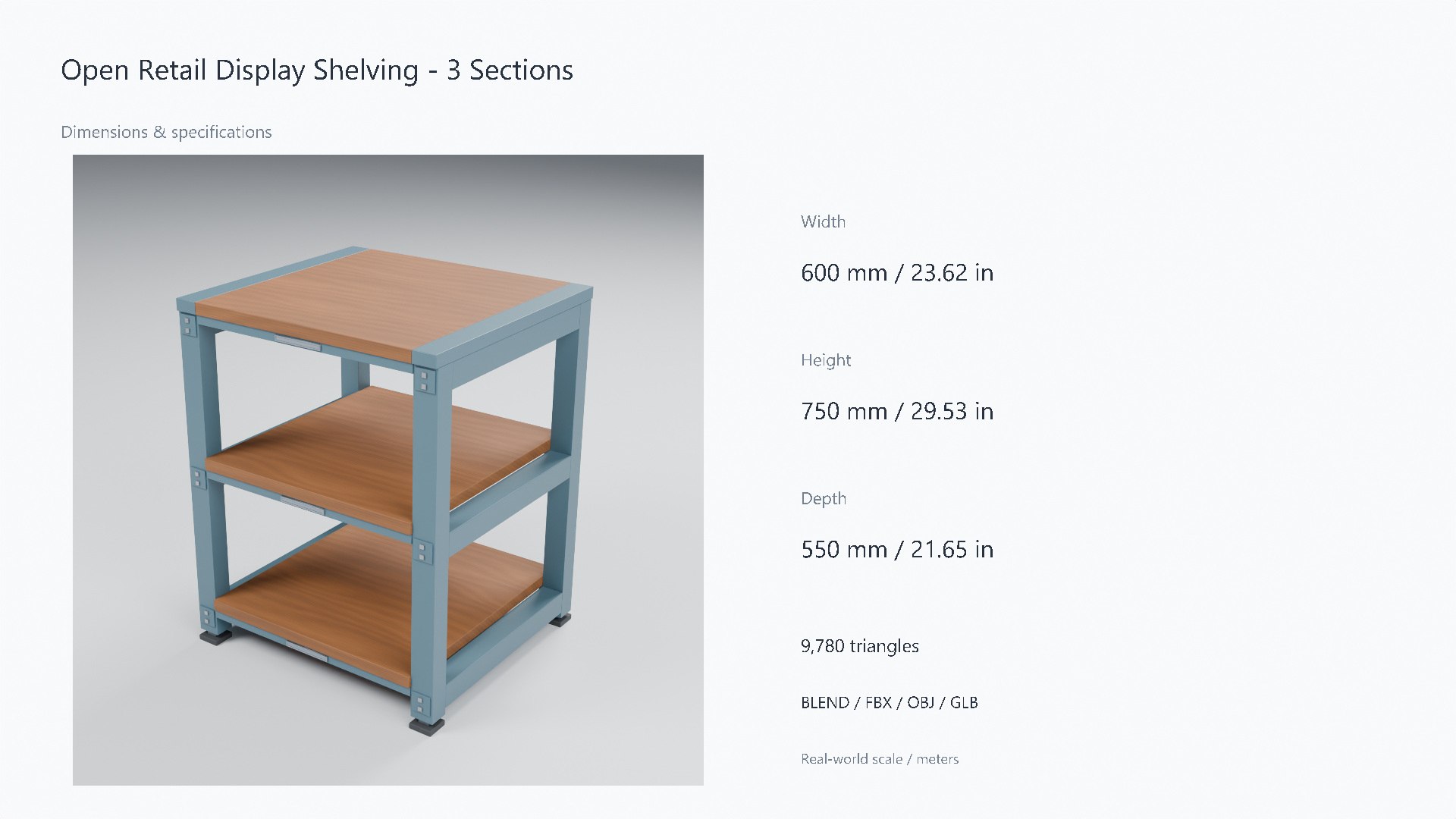 Wood and Steel Retail Display Shelving - 600 x 550 x 750 mm model https://p.turbosquid.com/ts-thumb/DH/8vENCG/eI/07_dimensions/jpg/1788947444/1920x1080/fit_q87/f9932d026f18e5ce15de0660428926c34cbdf224/07_dimensions.jpg