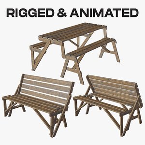 Convertible Picnic Table and Bench Rigged  Animated 3D model