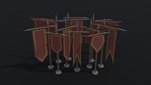Low-poly cartoon medieval flags asset 3D