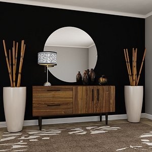 3D model Living Room Wood Mirror Table Bamboo Black Set