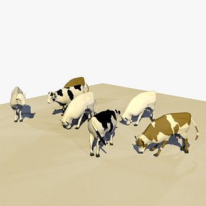 3D group cows eating grass