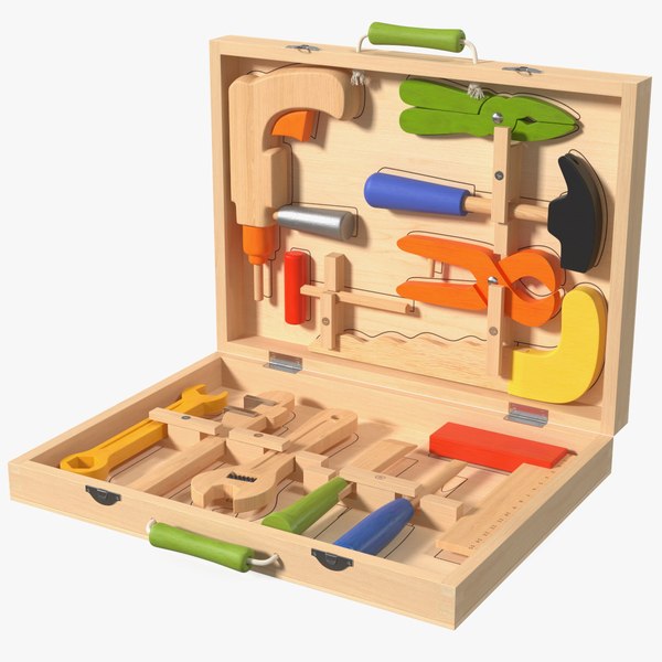 3D Wood Tool Box with Colorful Wooden Tools model
