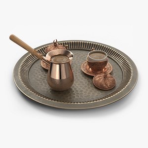 Turkish Embossed Coffee Cups and Cezve on Serving Tray 3D model