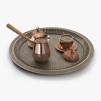 Turkish Embossed Coffee Cups and Cezve on Serving Tray