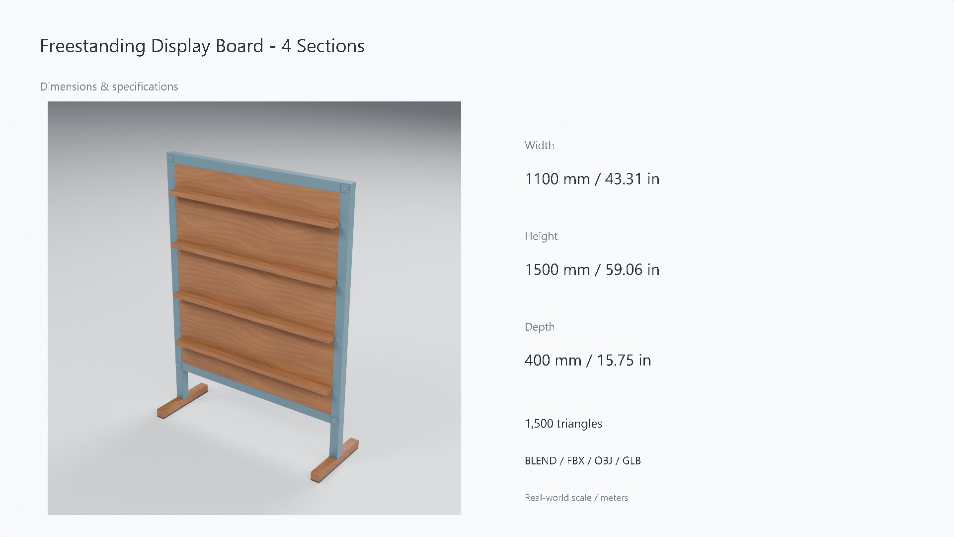 Freestanding Display Board with Wood Ledges - 1100 x 400 x 1500 mm 3D model https://p.turbosquid.com/ts-thumb/DQ/agLeU6/3A/07_dimensions/jpg/1788944824/1920x1080/fit_q87/0678ce0228f2d478d367c9e2501d006b9630a5ef/07_dimensions.jpg