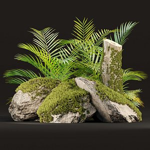Mossy Rocks and Tropical Plants 3D Model Realistic Nature Asset