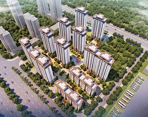 High-Rise Apartment Complex Exterior - Residential Masterplan with Courtyard Green and Bus Bays 3D