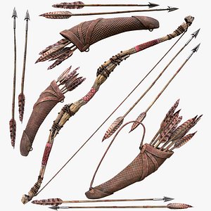 Wooden Bow and Quiver Medieval Archer Weapons 3D model
