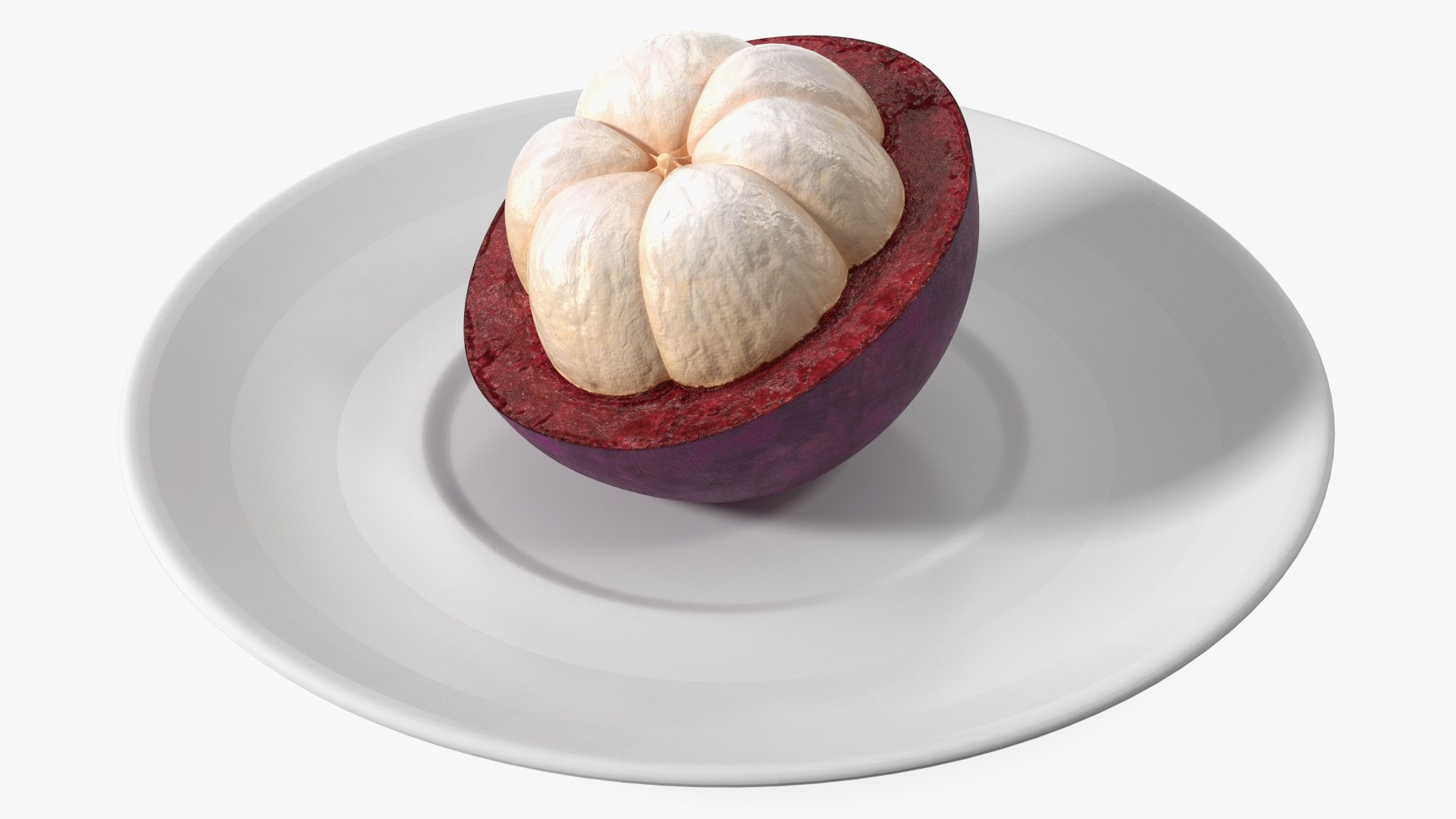 Half Peeled Tropical Mangosteen on White Plate 3D model preview