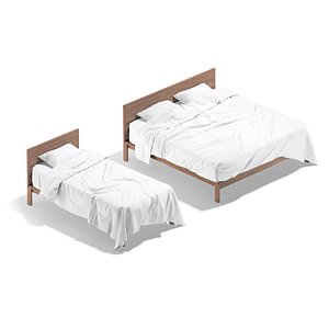 3D White Wooden Bed Set - 2 type single and doublebed with pillow and mattress model