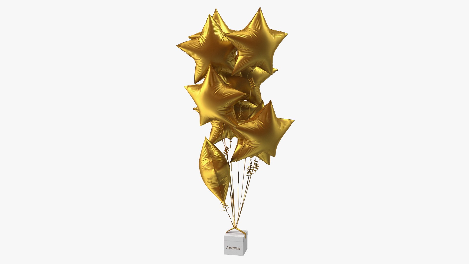 Matte Gold Star Balloons Tied to Gift Box 3D model preview