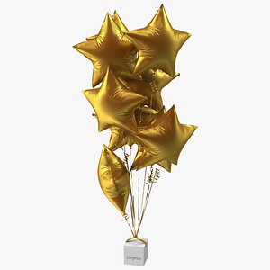 Matte Gold Star Balloons Tied to Gift Box 3D model