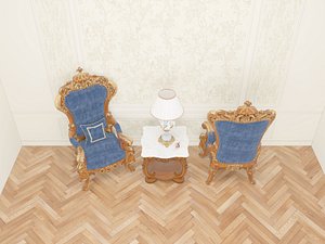3D Baroque Luxury Armchair Side Table Set 3D Model