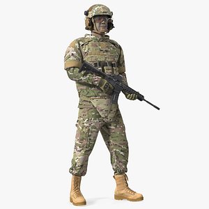 Soldier in Green Tactical Gear with Rifle Standing Fur