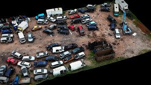 cars wreckage abandoned junkyard area terrain drone scan 3D model