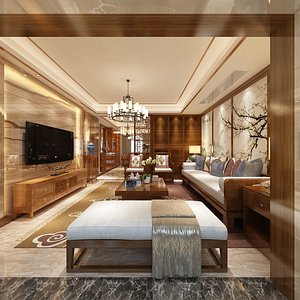 3D Chinese Living and Dining Room Interior 13 model