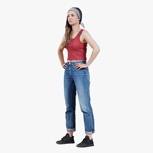 Baggy Jeans Woman Red Top Hands in Side Remastered