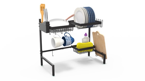 Over Sink Dish Drying Metal Rack with Kitchenware 3D Model $79