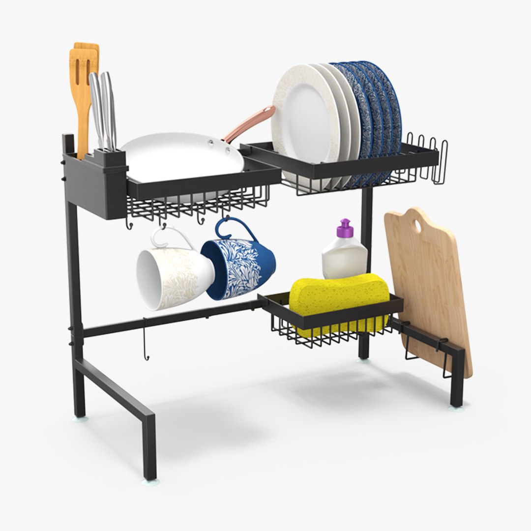 Over Sink Dish Drying Metal Rack with Kitchenware 3D model preview