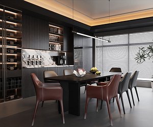 Modern Dark Wood Dining Room with Wine Cellar and Marble Backsplash