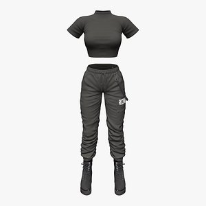 3D model Black Cargo Outfit Boots Pants Top