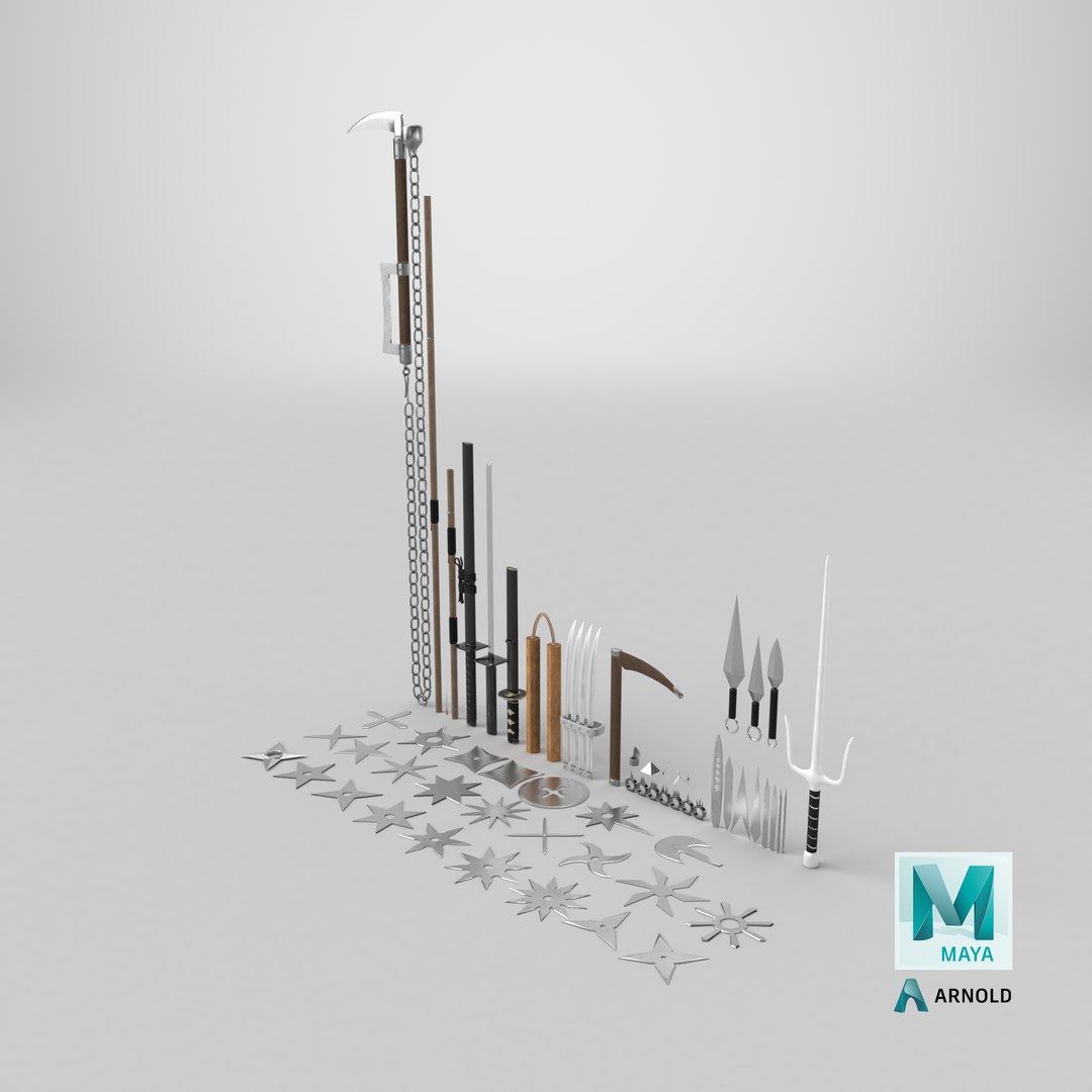 3D Ninja Weapon Pack model https://p.turbosquid.com/ts-thumb/Db/ykKJh4/ii/stemcell_maya_arnold_render/png/1730814828/1920x1080/fit_q87/eac1e2a130151287c06ee9b82d23d809a554f059/stemcell_maya_arnold_render.jpg