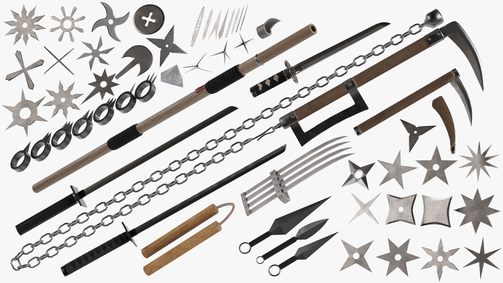 3D Ninja Weapon Pack model https://p.turbosquid.com/ts-thumb/Db/ykKJh4/z6/4/png/1721071785/1920x1080/fit_q87/81be2cc6c662e40c3c10219fdd114f567755c853/4.jpg