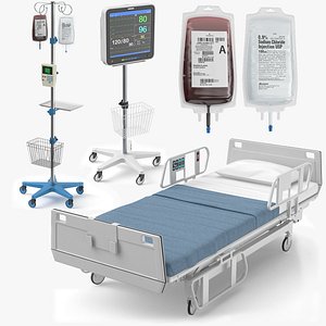 Hospital Bed With IV Stand And ECG Collection