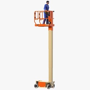 3D Electrician Worker with JLG 1230ES Vertical Mast Lift Rigged for Cinema 4D