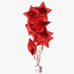 Star Shaped Red Balloons Tied to Gift Box 3D model