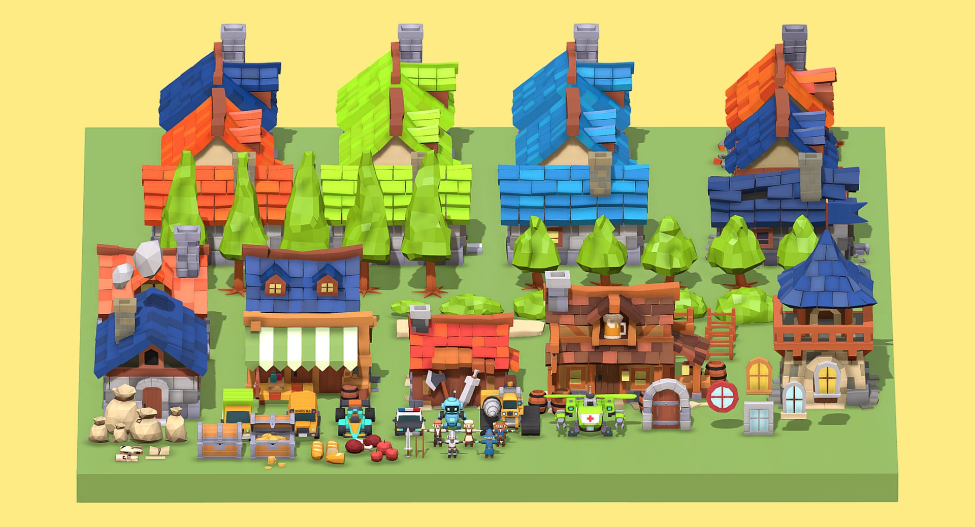3D Complete Low Poly Village Set Houses Props And Environment Pack Low ...