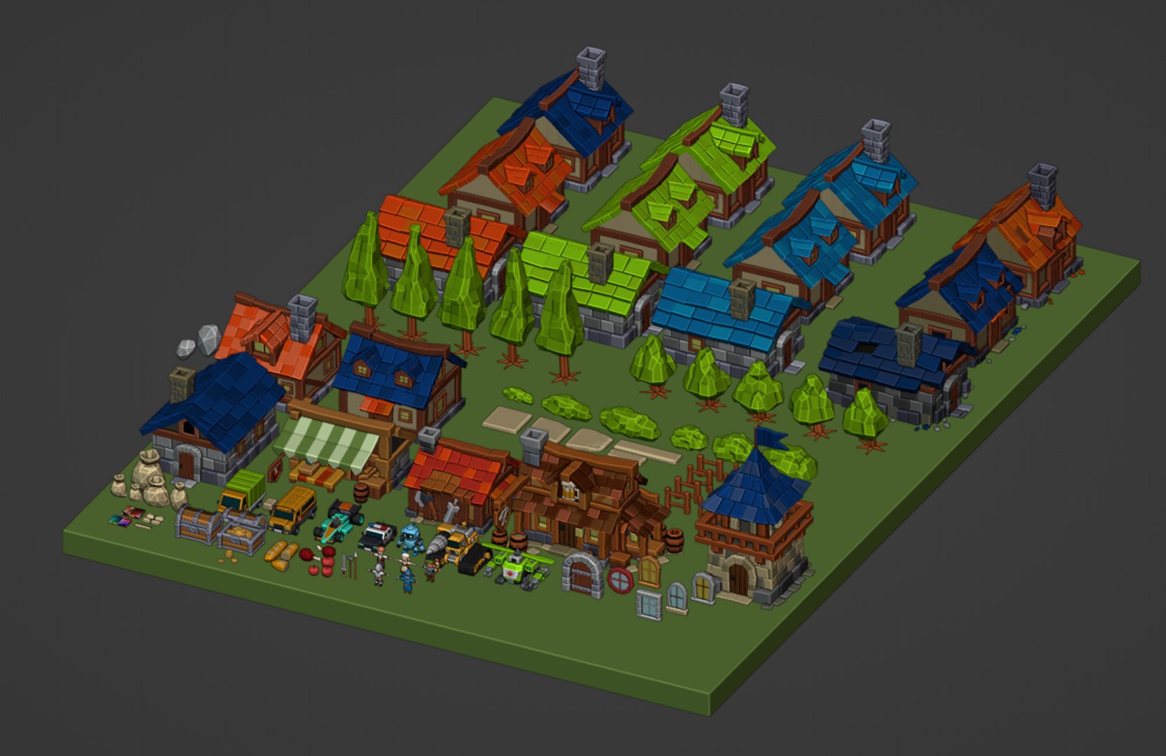 3D Complete Low Poly Village Set Houses Props And Environment Pack Low ...
