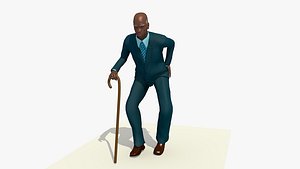Animated Walking Old Man With A Walking Stick And A Blue Suit