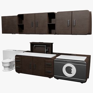 Modular dark wood bathroom furniture 3D