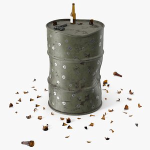 Damaged Metal Barrel with Bullet Holes and Pistol