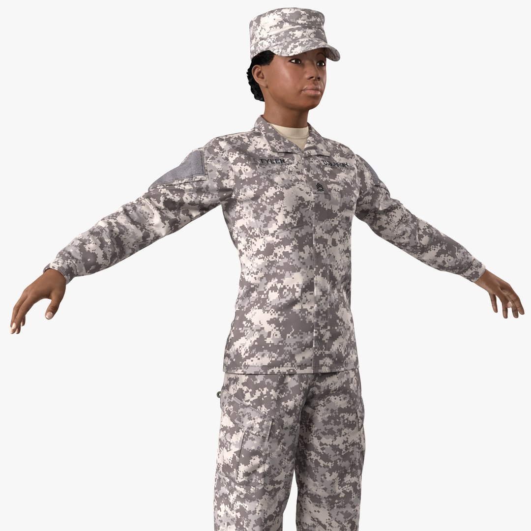 Black Female Soldier Military ACU T Pose Fur 3D model preview