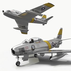 F-86 Sabre Cold War Fighter Aircraft Silver with Interior Rigged for Maya