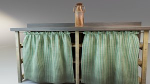 3D Rustic wooden counter shelves with curtain