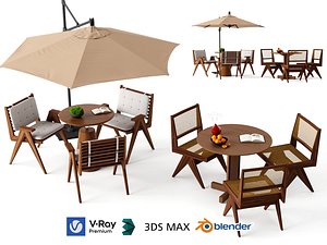 3D Outdoor Patio Furniture Wooden Table Chair Parasol Set