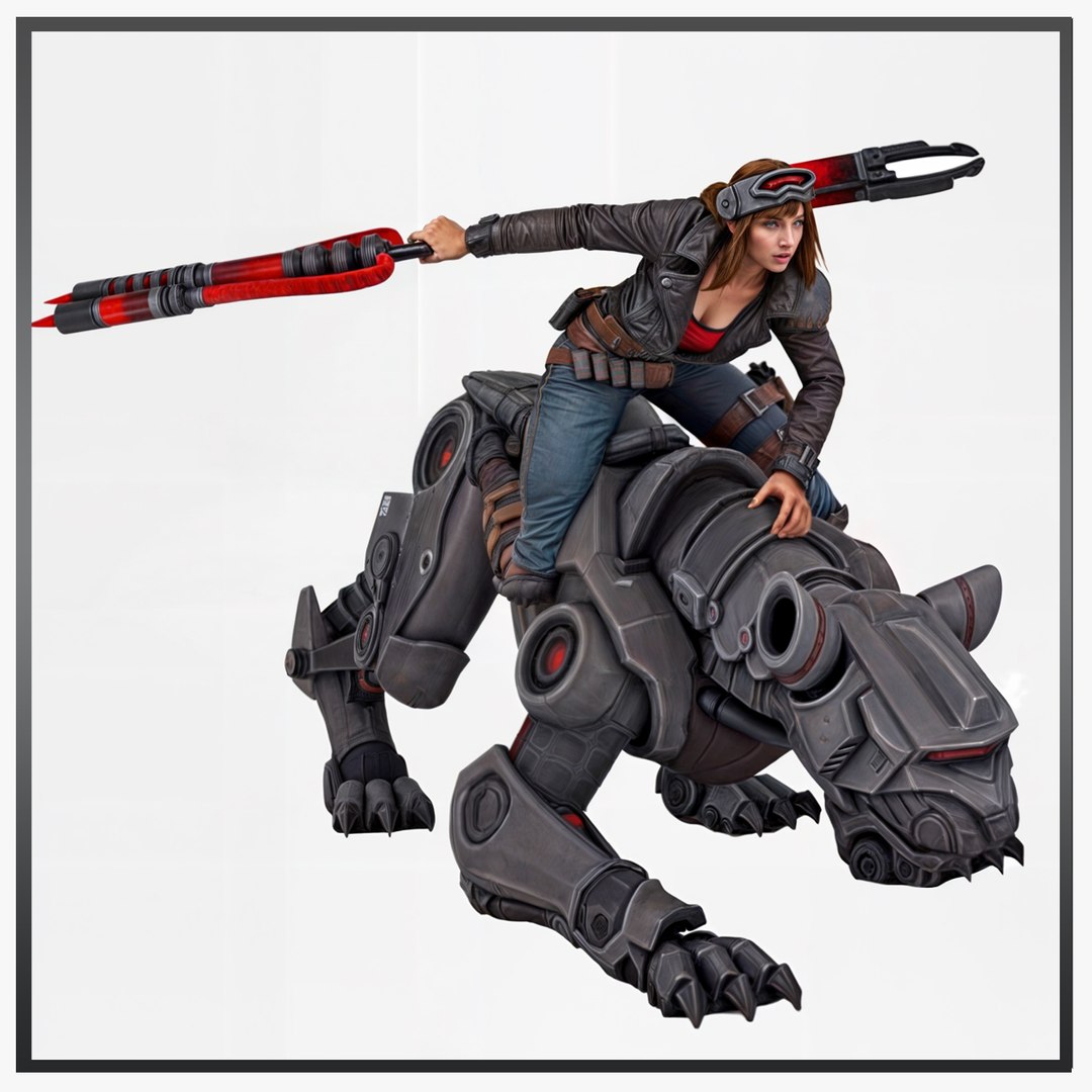 A Woman With Goggles And A Red Shirt Is Riding A Large Robotic Tiger 3D ...
