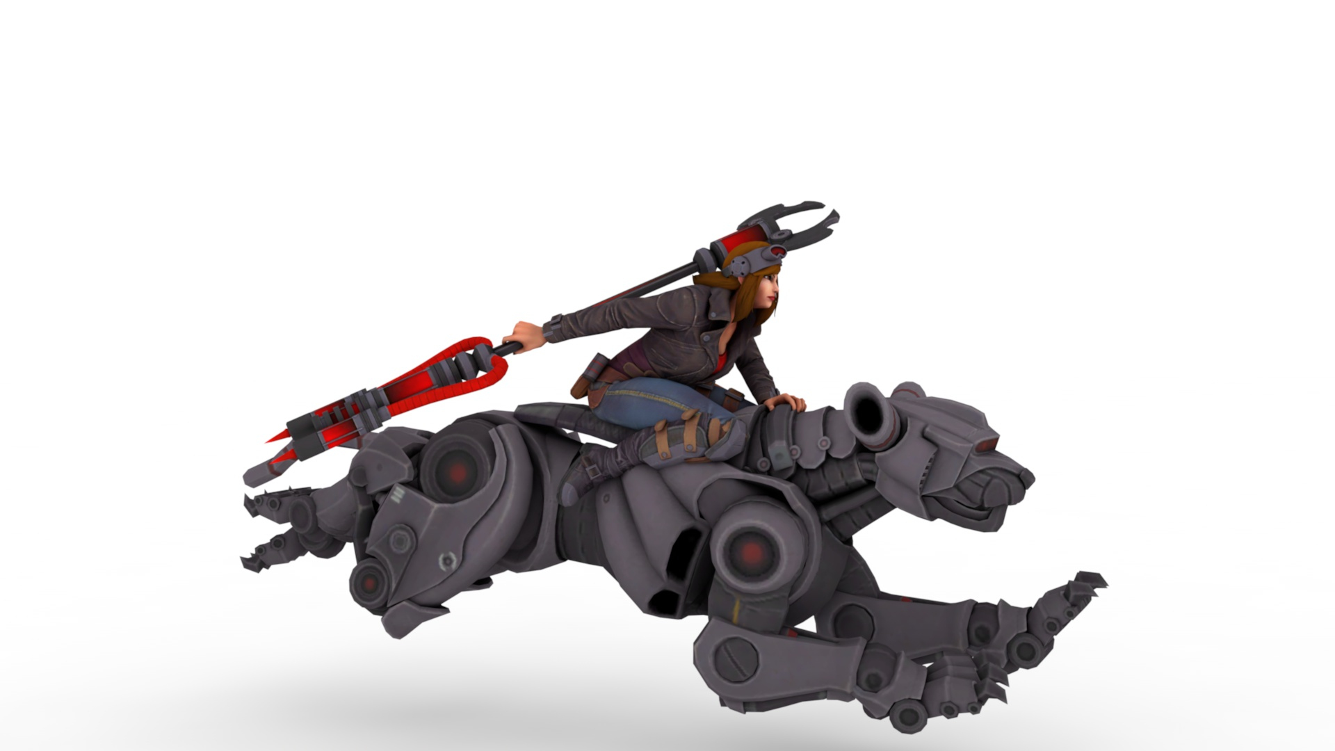 A Woman With Goggles And A Red Shirt Is Riding A Large Robotic Tiger 3D ...