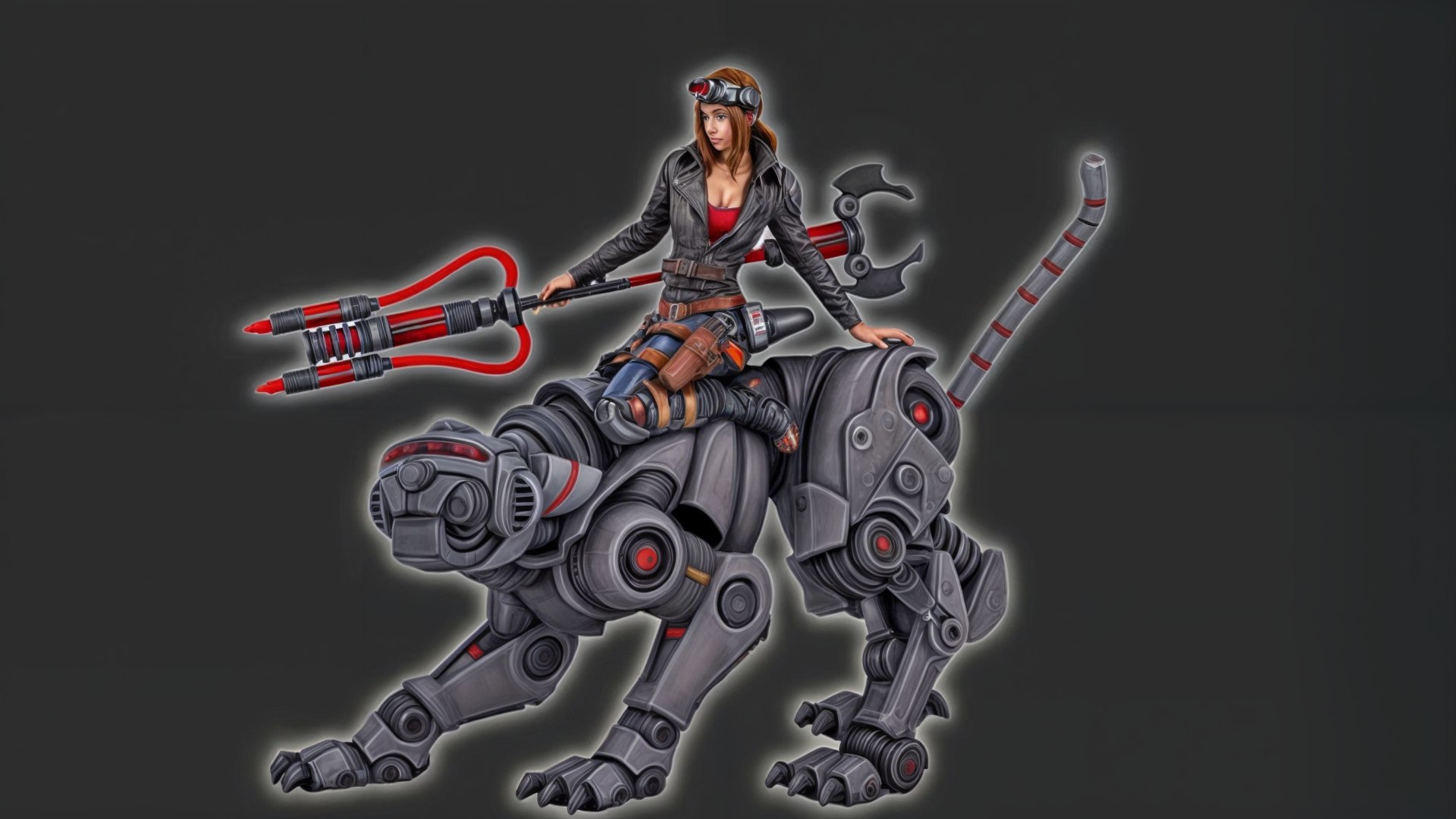 A Woman With Goggles And A Red Shirt Is Riding A Large Robotic Tiger 3D ...