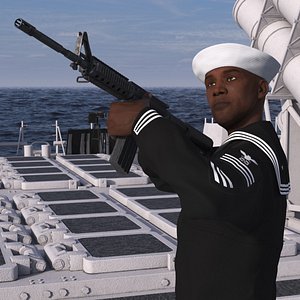 3D Afro American Sailor in Black Uniform with Rifle model