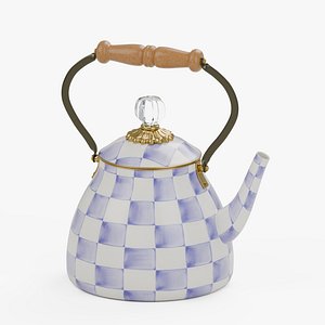 Violet Check Enamel Tea Kettle with Wood Handle 3D model