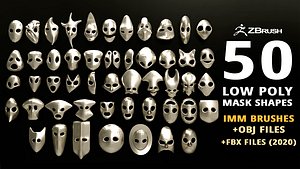 50 low poly mask shapes and base meshes IMM brush set for Zbrush OBJ and FBX 2020 version files 3D model