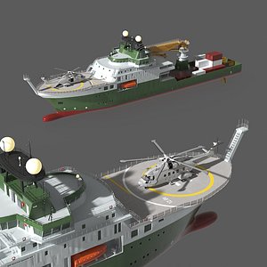 3D Research Vessel with Helicopter and Containers model