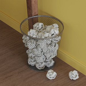 3D Round Trash Can with Crumpled Paper