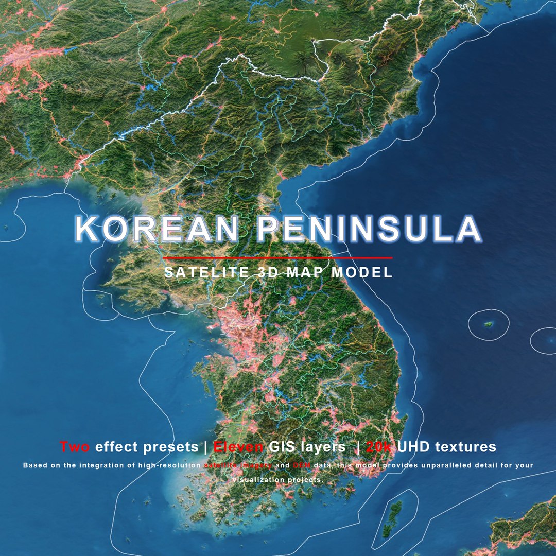 3D KOREAN PENINSULA Map - 19K Realistic Satellite Terrain - Elevation ...