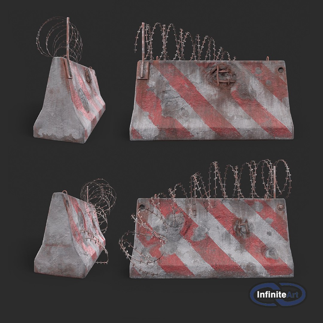 Concrete block with barbed wire. Barricade. model https://p.turbosquid.com/ts-thumb/Dn/adfRTC/15/roadblock3preview/jpg/1625205347/1920x1080/fit_q87/c309ed5c325eeb652a9a31a82561301d1a6cba6c/roadblock3preview.jpg