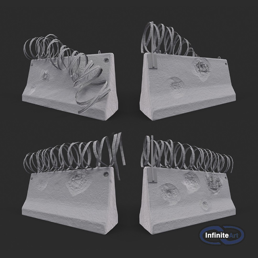 Concrete block with barbed wire. Barricade. model https://p.turbosquid.com/ts-thumb/Dn/adfRTC/qN/roadblock34greypreview/jpg/1625205348/1920x1080/fit_q87/e3dba6476f274dc96b40f447f067aece4bd98e5b/roadblock34greypreview.jpg